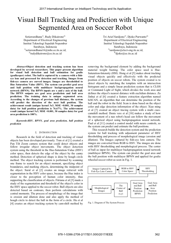 Visual Ball Tracking and Prediction with Unique Segmented Area on Soccer Robot. 2017 International Seminar on Intelligent Technology and Its Applications (ISITIA)