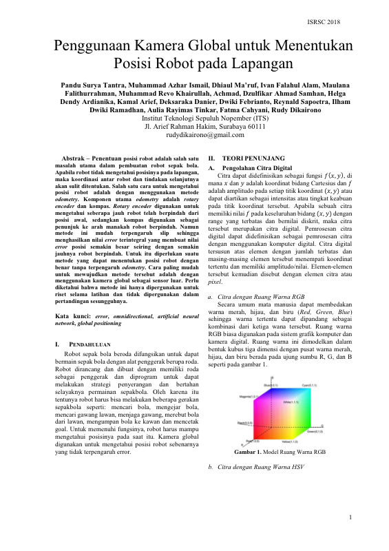 Penggunaan Kamera Global untuk Menentukan Posisi Robot pada Lapangan. Published in Indonesian Symposium on Robotic Systems and Control - ISRSC, Universitas Muhammadiyah Yogyakarta